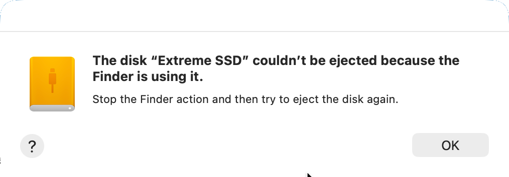 macOS dialog: The disk Extreme SSD couldn't be ejected because the Finder is using it. DiskFree by Taha Abbasi fixes stubborn disk and memory card ejection on Mac.